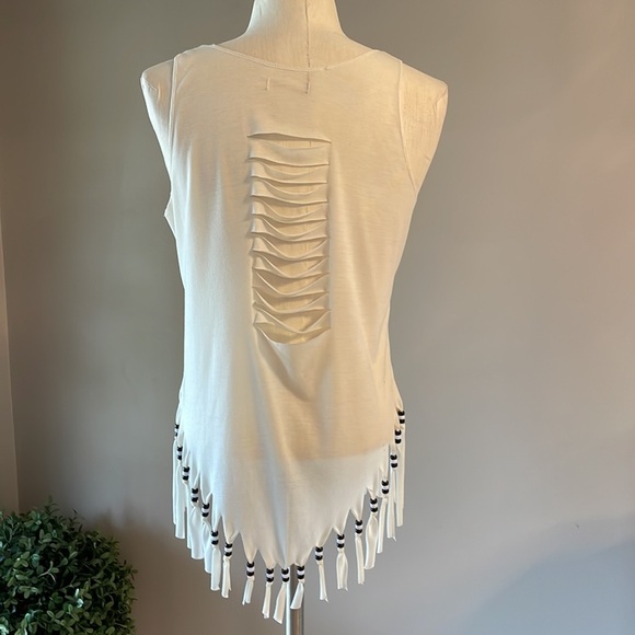 Elephant print women’s tank top beaded fringe V hemline / sliced back trendy SM - Picture 6 of 8